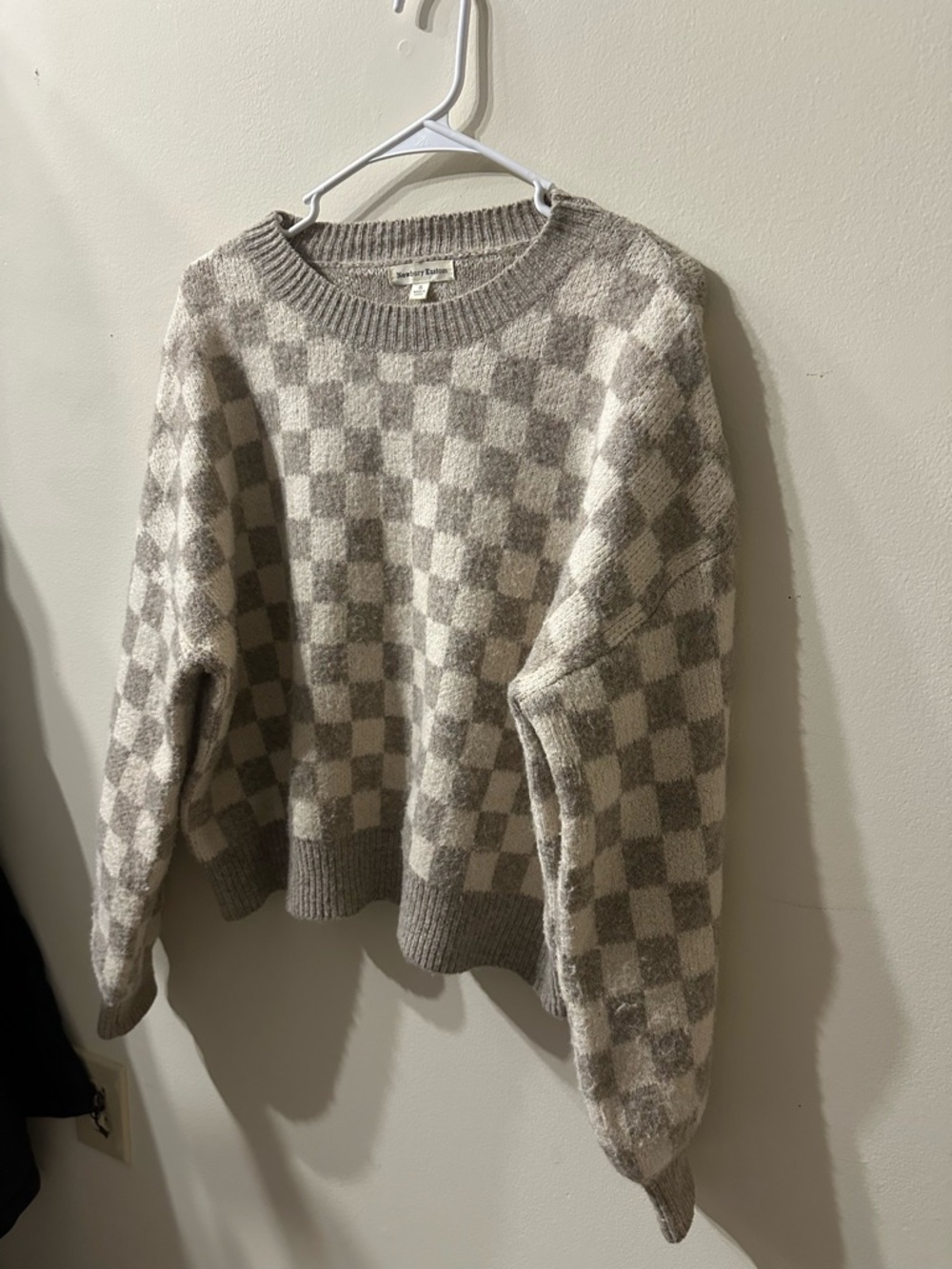 Newbury Kustom Oatmeal and Cream Checkered Crewneck Sweater